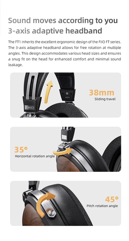 FiiO FT1 Professional Wired HiFi Monitor Headphones – North American Walnut Over-Ear Dynamic Stereo Headset with Leather & Metal Build