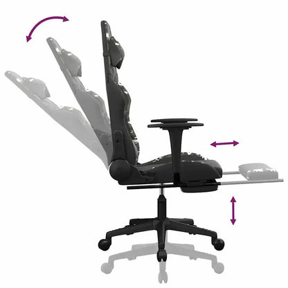 Gaming Chair Massage Footrest Black & Camouflage 67X64X116-127 cm in Imitation Leather, 360 Adjustable Reclining Seat ° Load Capacity 110 kg