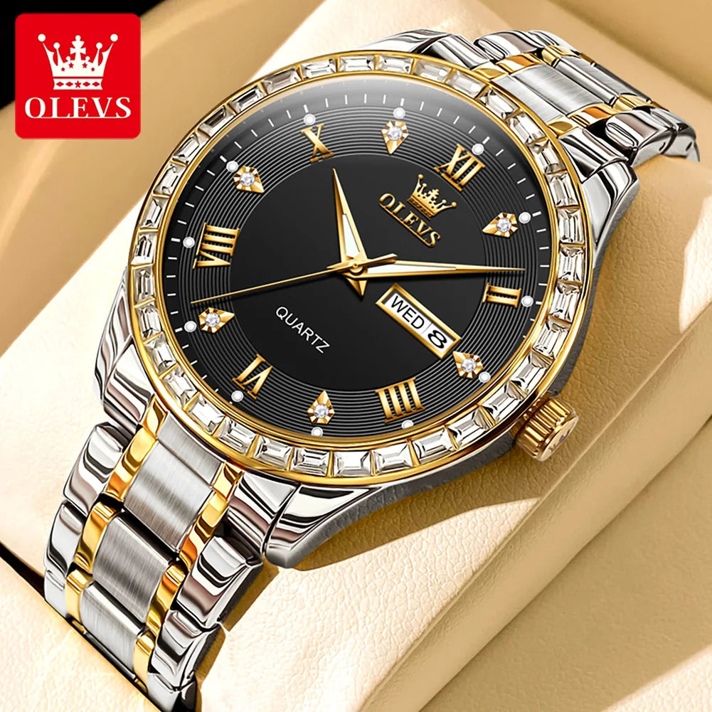 Reloj de cuarzo para hombre OLEVS 9906, modelo cuadrado adornado con diamantes, correa de acero inoxidable, hermético, con doble calendario; un reloj de pulsera de lujo, original, ideal para el ámbito profesional.