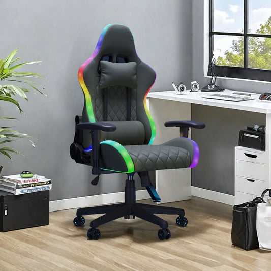 LED Gaming Chair - Ergonomic Office Chair with Massage Function, Adjustable Backrest (90-135°), for Gamers up to 150 kg, Black