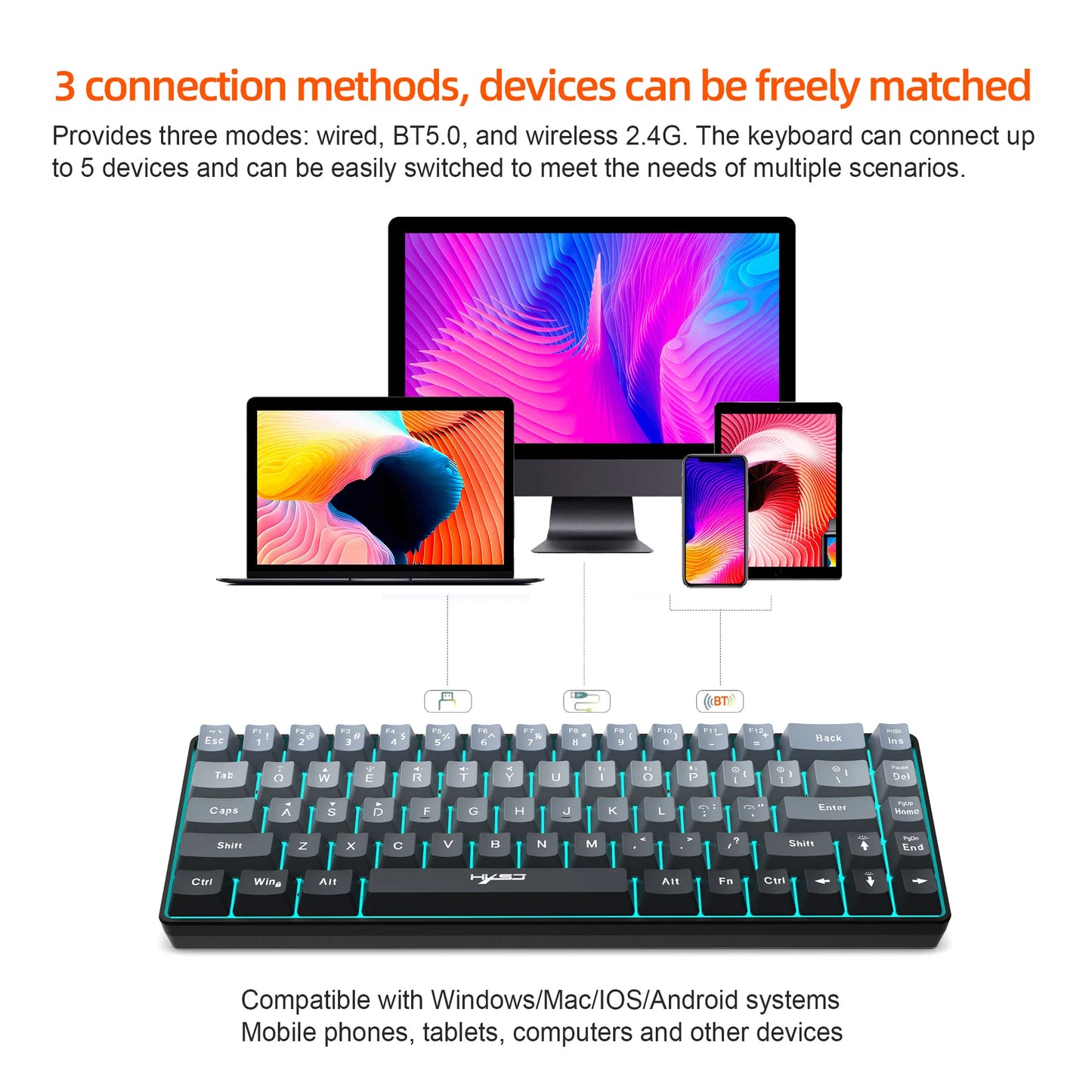 New 68% Three-Mode Wired/Wireless/Bluetooth Gaming Keyboard Gradual Change Gray RGB Backlight