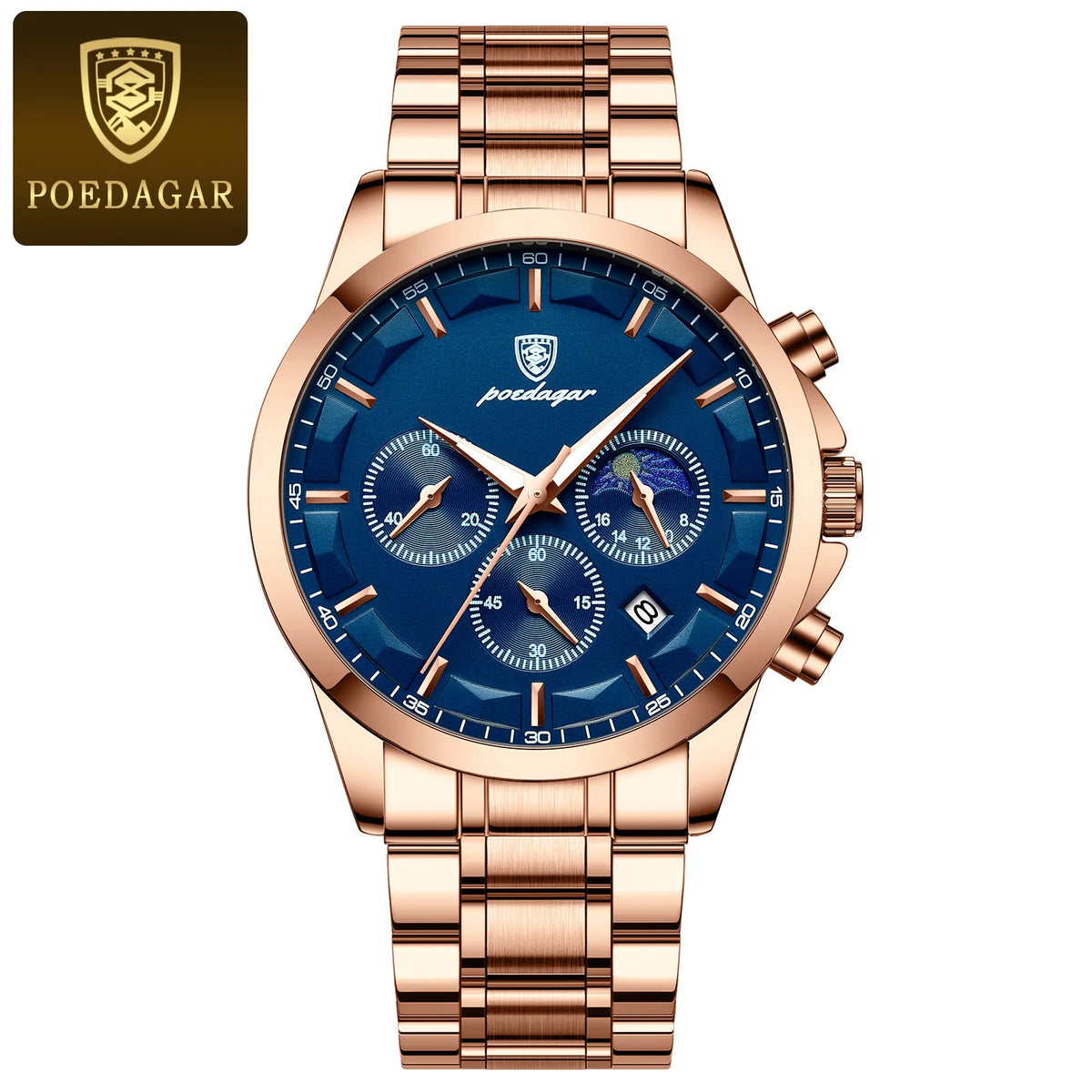Montre-bracelet de luxe pour homme POEDAGAR, style militaire, étanche, lumineuse, chronographe, en acier inoxydable, à quartz, avec boîte.