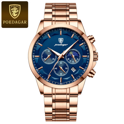 Montre-bracelet de luxe pour homme POEDAGAR, style militaire, étanche, lumineuse, chronographe, en acier inoxydable, à quartz, avec boîte.