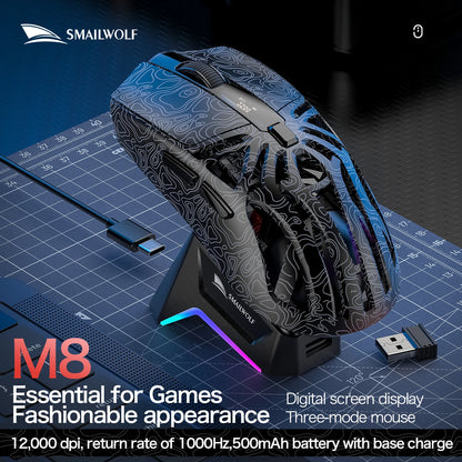 SMAILWOLF M8 Bluetooth wireless mouse, three-mode RGB charging base e-sports gaming mouse, PAW3311 lightweight gaming office