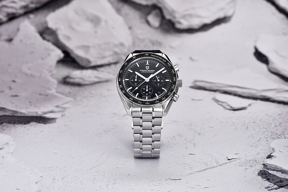 Reloj para hombre PAGANI DESIGN «New Moon» – Reloj de cuarzo de lujo, cronógrafo, cristal de zafiro con tratamiento antirreflectante, bisel de cerámica, agujas luminiscentes