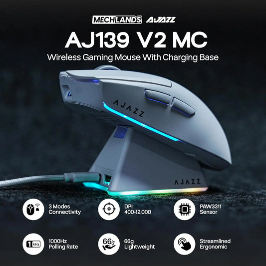 AJAZZ AJ139 V2 MC/AJ139 PRO Wireless Gaming Mouse PAW3311/PAW3395 Sensor 12000DPI/26000DPI 500mAh Bluetooth Mouse Gamer For PC