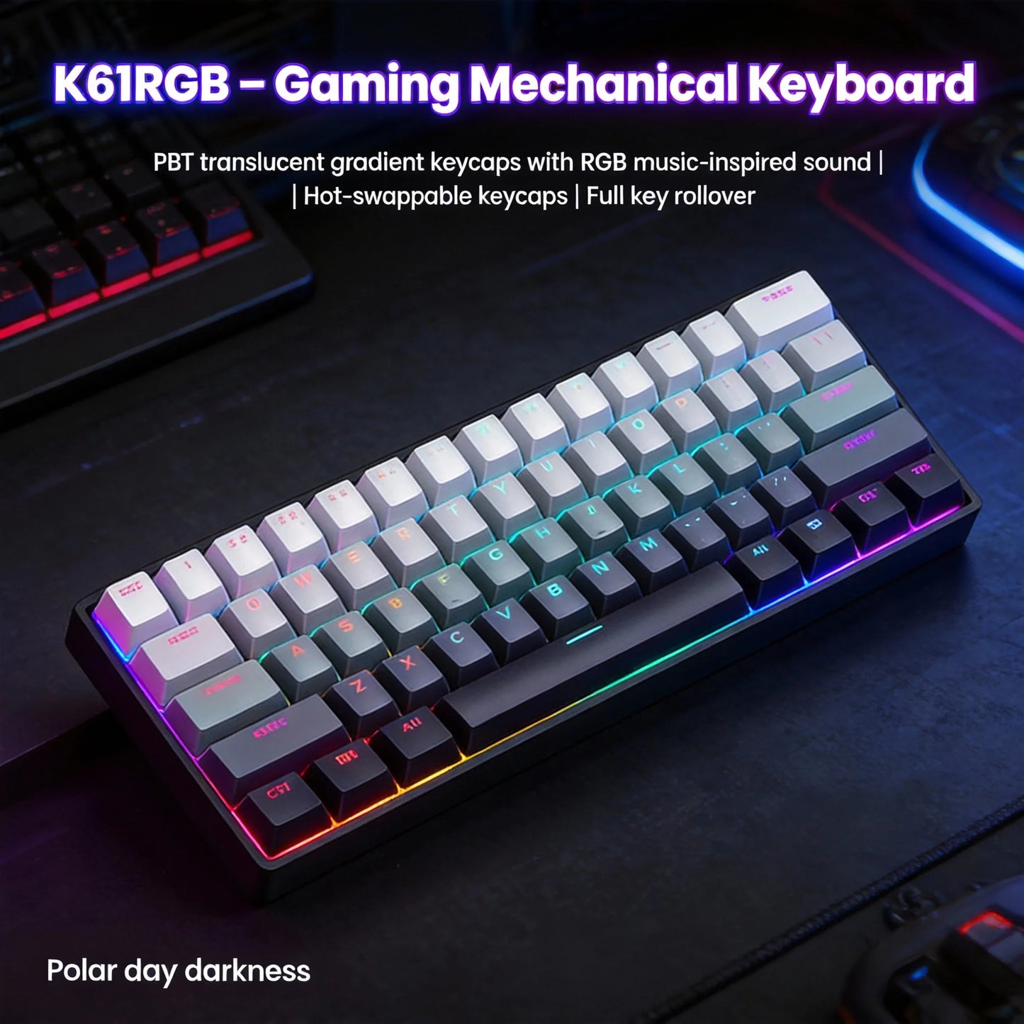 K61 kabelgebundene tragbare mechanische Tastatur, Phantom RGB farbenfroh, Reaktionsgeschwindigkeit auf Gaming-Niveau, ergonomisches Design, für Gaming und Büro geeignet