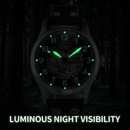 LONGLUX men automatic watch vintage pilot tough guy mechanical watches skeleton waterproof luminous leather gift