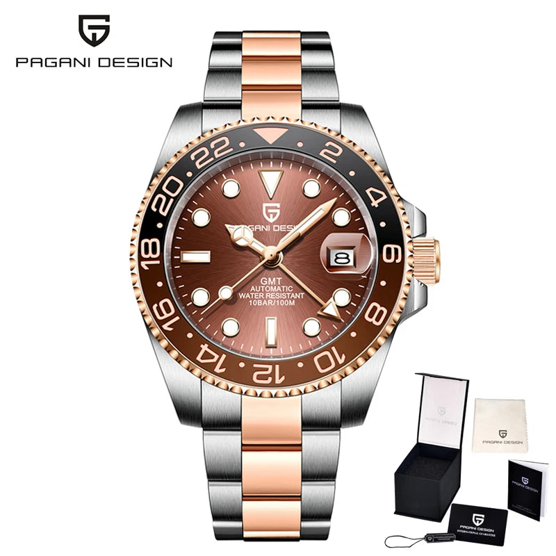 Montre mécanique pour homme Pagani Design GMT – Modèle de luxe avec verre saphir, boîtier en acier inoxydable et lunette en céramique – Montre automatique pour homme, style professionnel