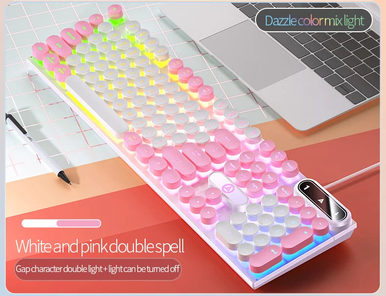 Typewriter Round 104 Keys Gaming Keyboard Wired Keyboard Color Matching Backlit Computer E-sports Peripherals for Desktop Laptop
