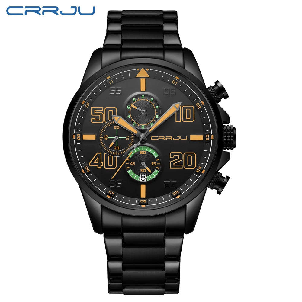 Montre pour homme CRRJU – Chronographe de luxe, grand cadran, acier inoxydable, étanche, avec affichage de la date