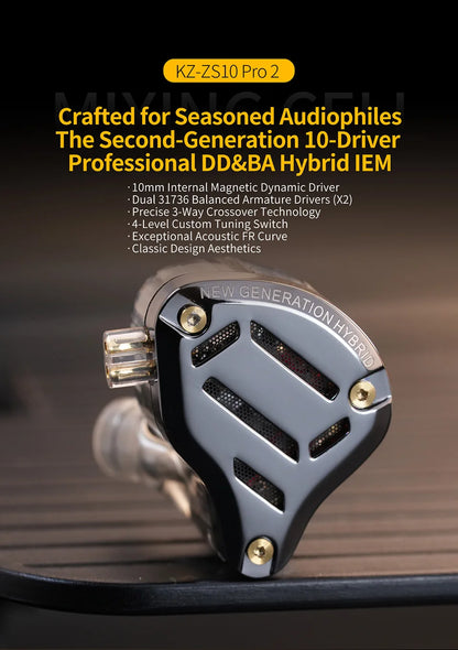 KZ ZS10 PRO 2 In Ear Monitor IEM,1DD+4BA Hybrid Wired Earbuds,with 4-Level Tuning Switch,3-Way Crossover Gaming Earbud IEM Cable