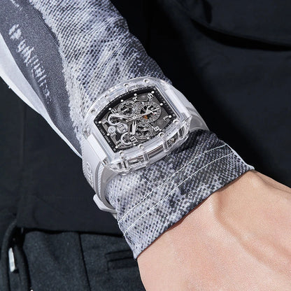 BONEST GATTI Automatic Watch Tonneau Mechanical Wristwatch K9 Crystal Case Rubber Strap Multi Dial Watches For Men