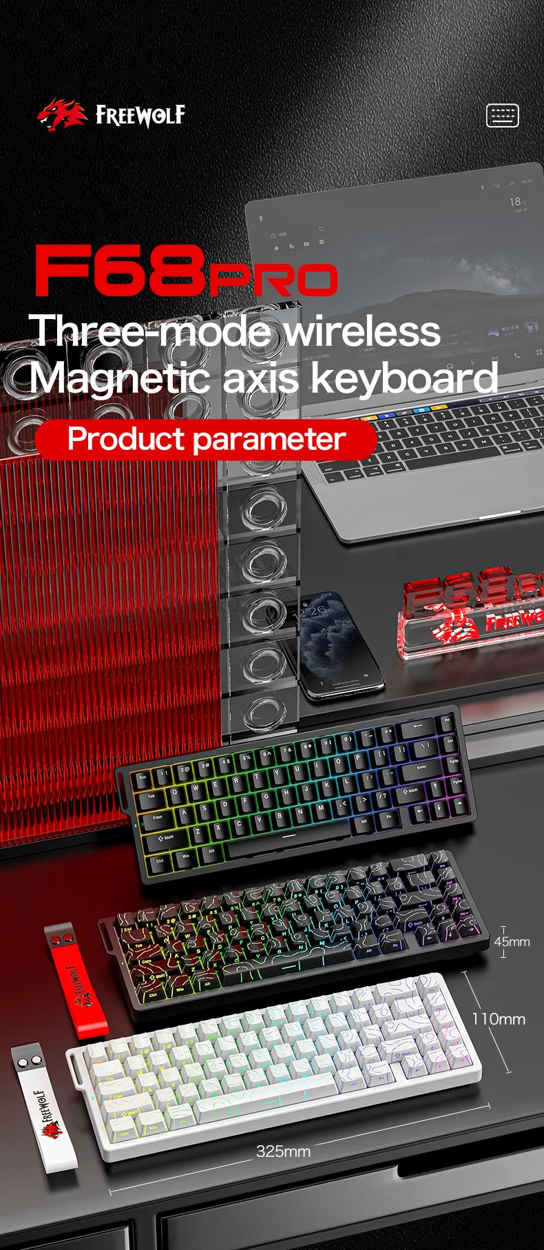 FREEWOLF F68 F68PRO Magnetic Gaming Keyboard Mechanical Wired for Pro Gaming 0.01mm Rapid Trigg 8000Hz SOCD/RS 0.1ms 128K Rate