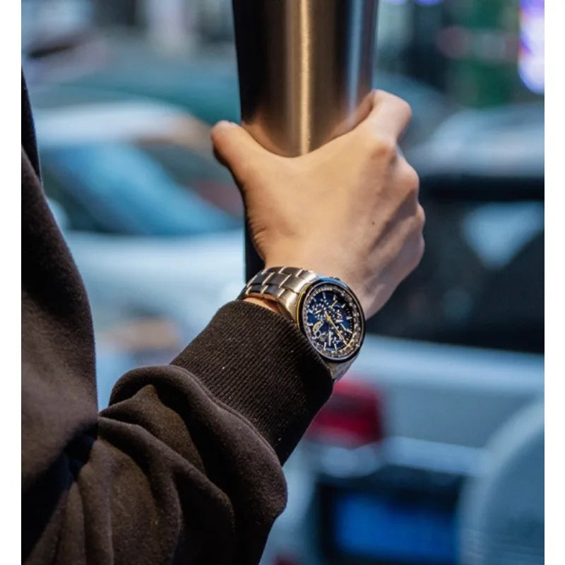 New Men's Ecological Driven Sports Luxury World Chronograph Atomic Chronograph Stainless Steel Blue Dial Christmas Gift