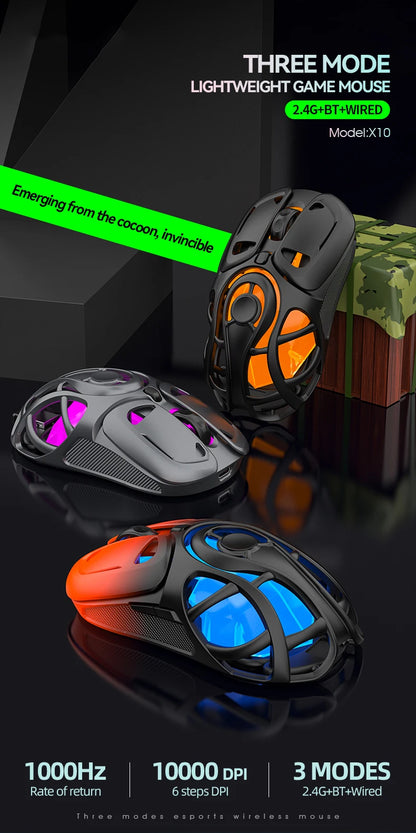 X10 Tri-Mode Gaming Mouse Wireless Mouse 10000 DPI 1000Hz Return Rate Bluetooth Mouse RGB Rechargeable Mouse BT/2.4G/Wired Mice