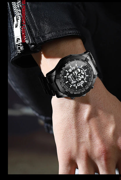 Montre-bracelet BINBOND pour homme, motif crâne squelette, à quartz précis, luxueuse, lumineuse, étanche, avec date automatique, robuste.