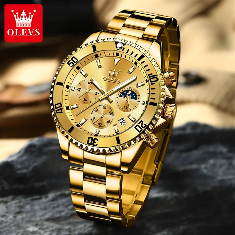 Montre OLEVS pour homme, marque de luxe, montre militaire à quartz dorée, étanche, date lumineuse, boîtier en acier inoxydable.