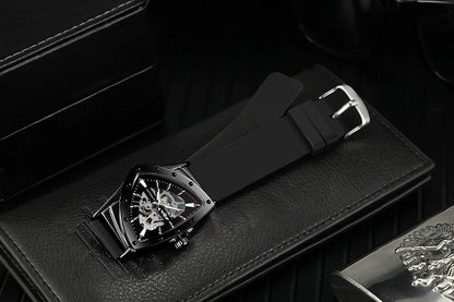 Reloj automático para hombre WINNER, diseño esqueleto triangular, agujas luminiscentes, correa de caucho, estilo militar, reloj mecánico de lujo