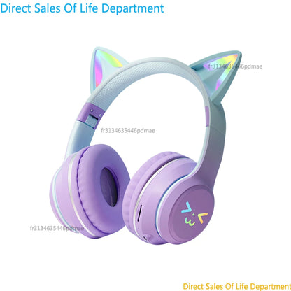 RGB Cat Ear Wireless Bluetooth Headphones for Kids & Girls – LED Light Stereo Gaming Headset with Microphone