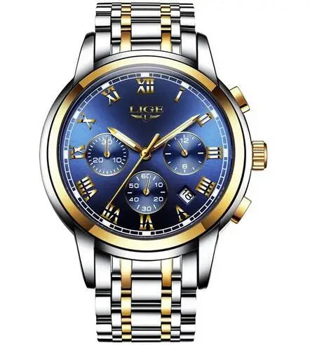 Montre pour homme LIGE – Chronographe de luxe, style sport décontracté, étanche, entièrement en acier, mouvement à quartz