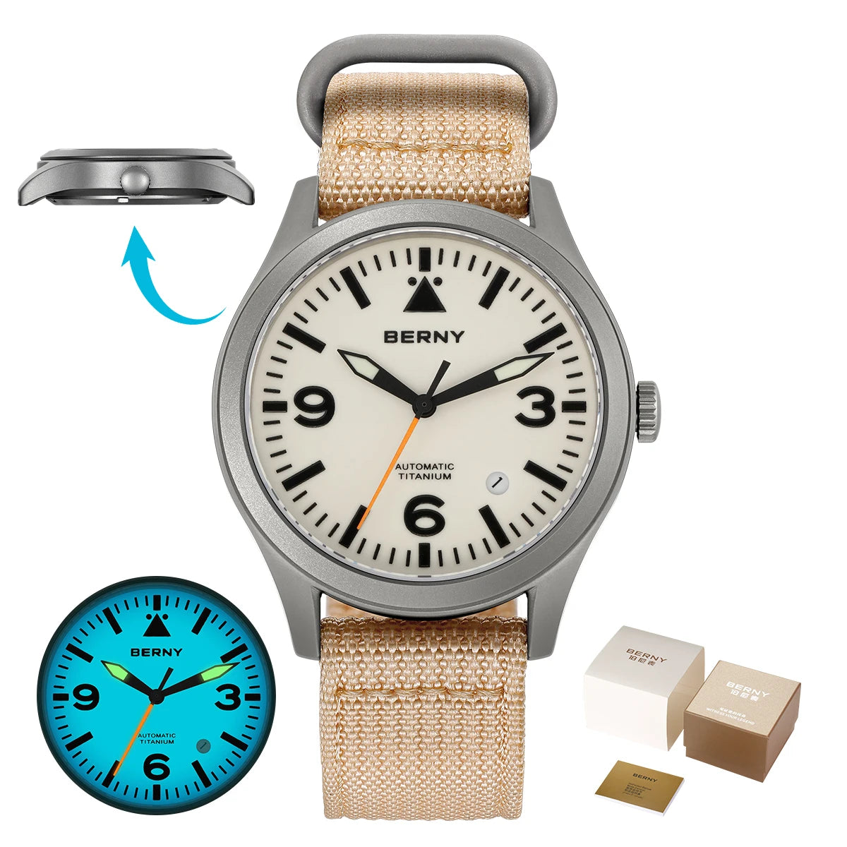 BERNY Aviation Top Titanium Mechanical Men Watch Sapphire AR Coating Supper Luminous 10Bar Sport Watch Titanium Aviation Watches