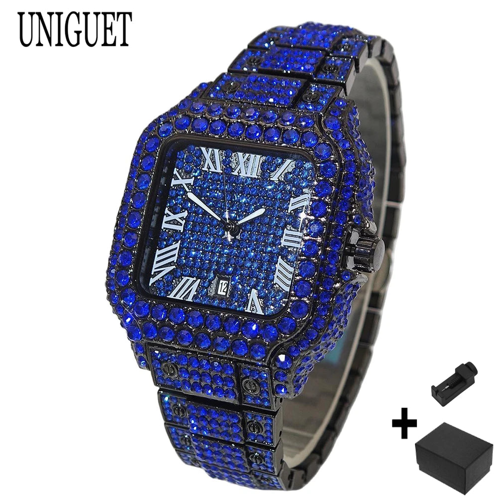 UNIGUET Cool Men's Watch Luxury Stainless Steel Quartz Watch Hip Hop Black Diamond Square Design Fashion Iced Wristwatch for Men
