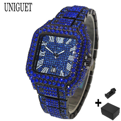 UNIGUET Cool Men's Watch Luxury Stainless Steel Quartz Watch Hip Hop Black Diamond Square Design Fashion Iced Wristwatch for Men