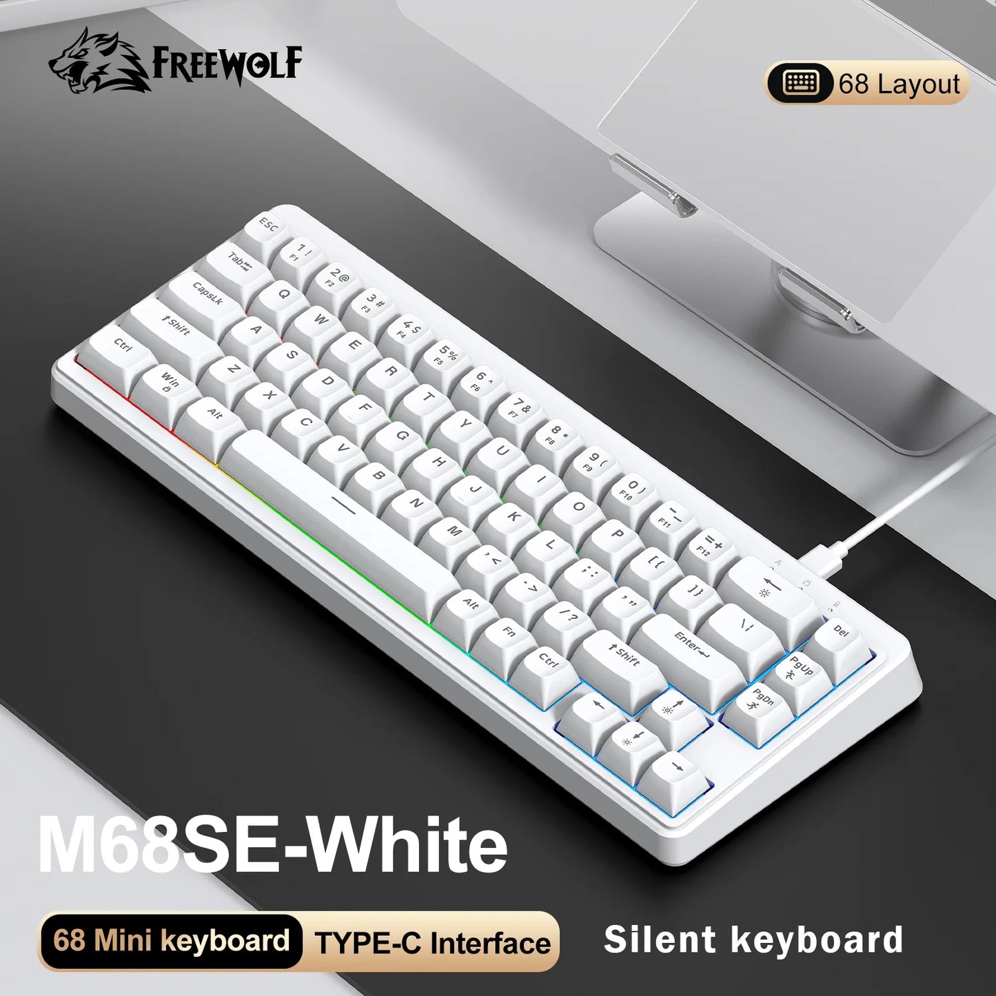 FREEWOLF M68SE 68 Key Mini Wired Keyboard RGB Backlit Type-C 68% Layout Compact Gaming Office PC Laptop