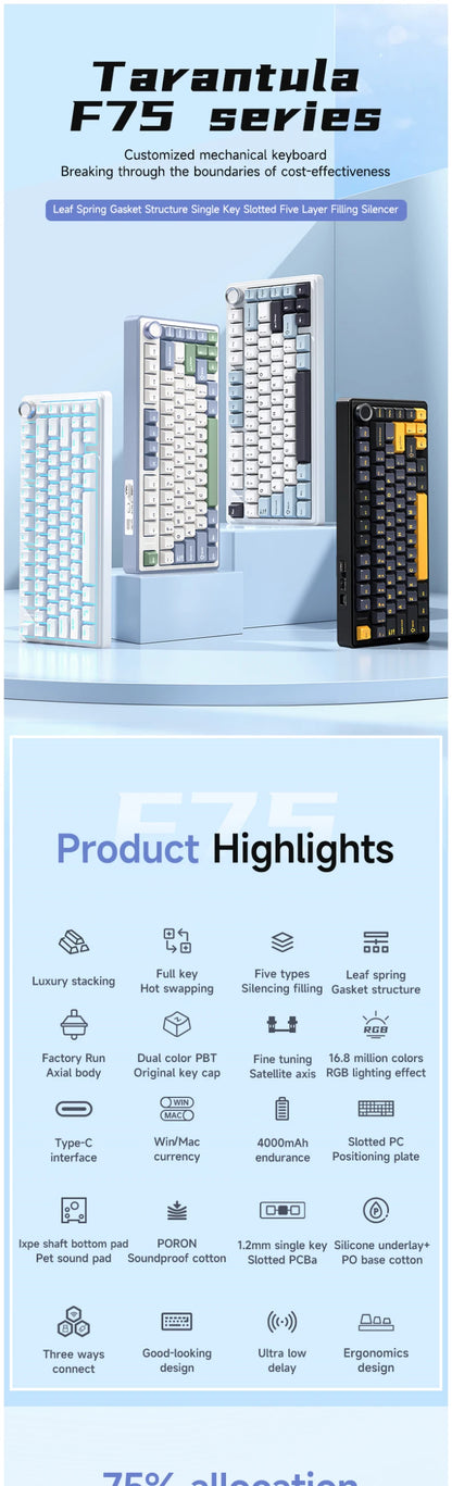 Original AULA F75 RGB LED Light PC Custom Bluetooth Wireless 2.4G Type-C Wired Gaming Mechanical Switch 75% Keyboard 82 Keys wit
