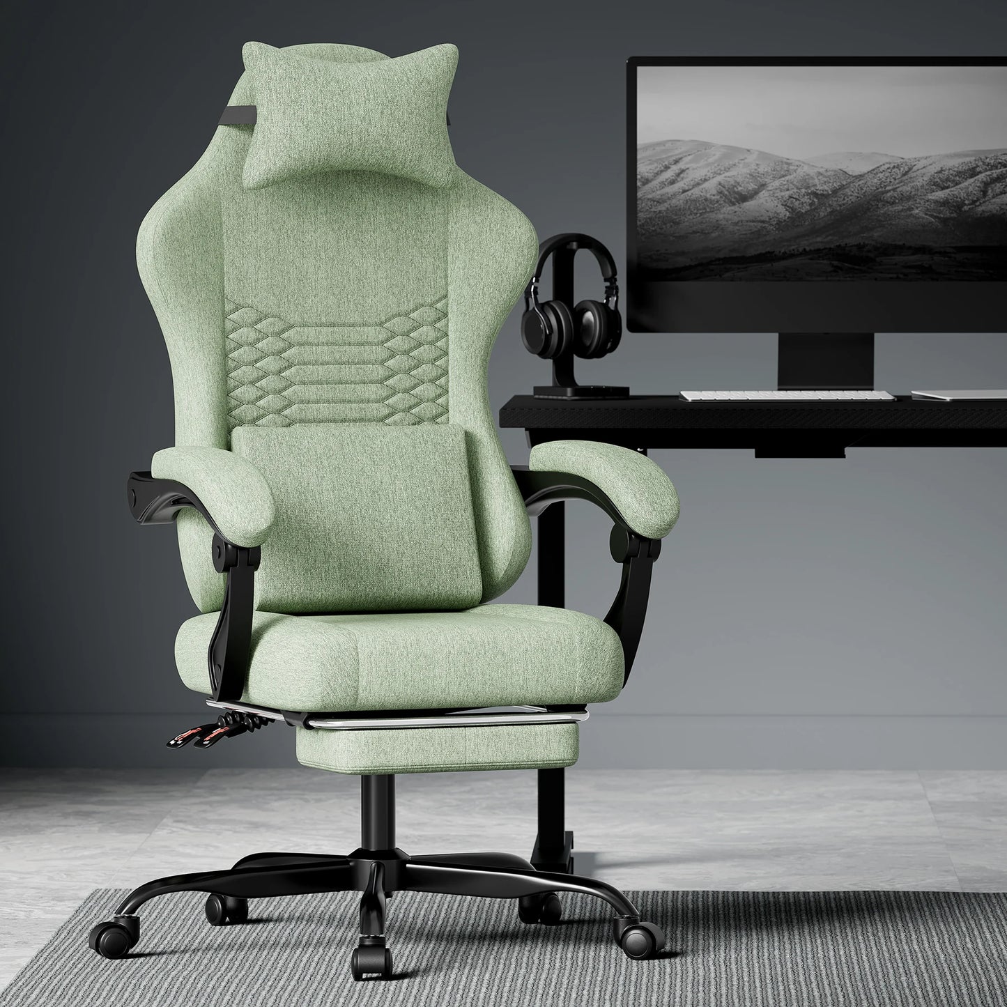 Dark Gray Fabric Gaming Chair, Massage Office Chair with Headrest, Ergonomic Racing Design, Adjustable Footrest, for PC Gamers