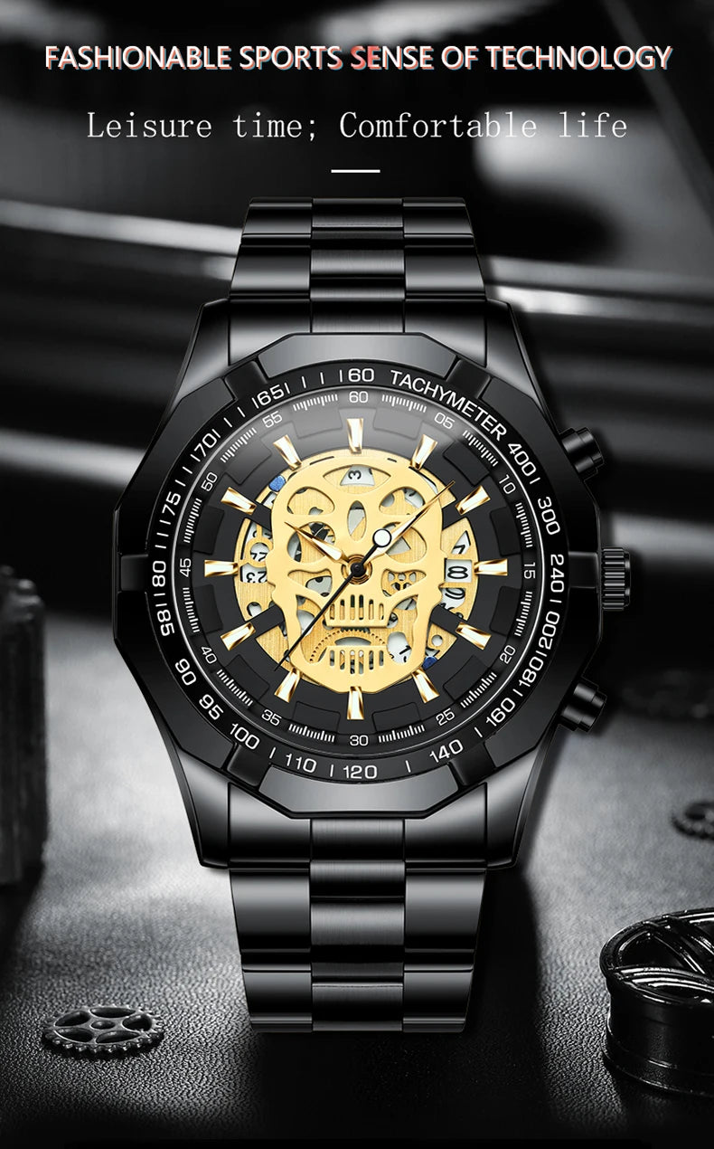 Montre-bracelet BINBOND pour homme, motif crâne squelette, à quartz précis, luxueuse, lumineuse, étanche, avec date automatique, robuste.