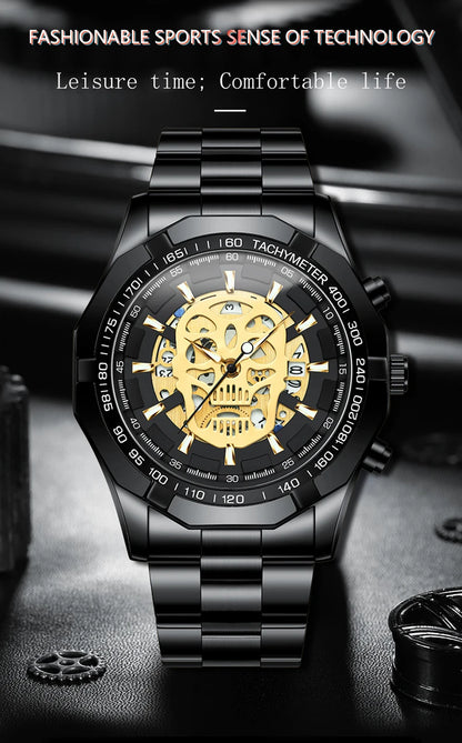 Montre-bracelet BINBOND pour homme, motif crâne squelette, à quartz précis, luxueuse, lumineuse, étanche, avec date automatique, robuste.