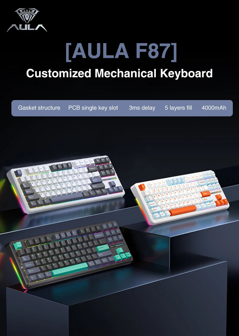 AULA F87 Pro Wireless Mechanical Keyboard 87 Keys Bluetooth 2.4G Wired Gaming Keyboard RGB Hotswap Gamer Non-contact Keyboard