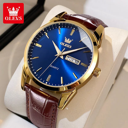 Montre à quartz OLEVS pour homme – Style luxe et élégant, bracelet en cuir, affichage de la date et du jour, étanche, idéale pour le travail
