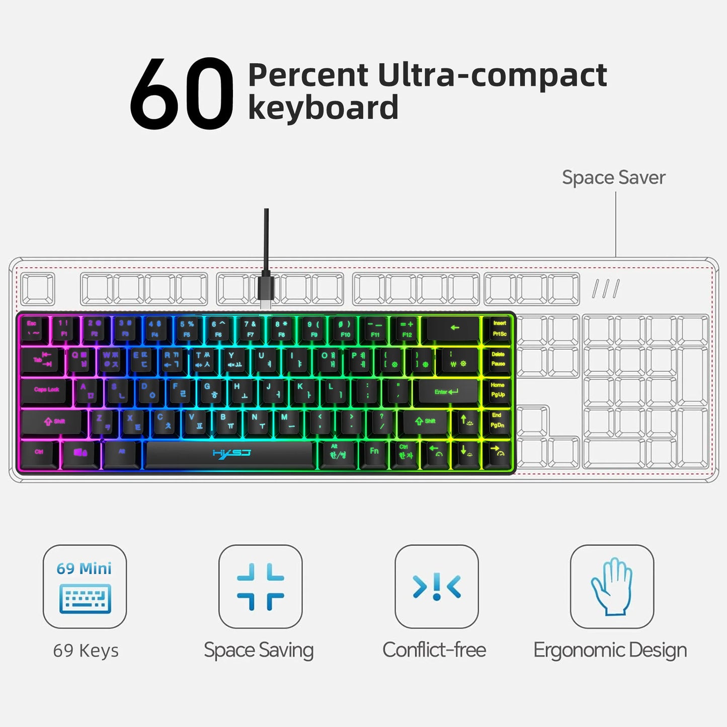 68 Keys Gaming Keyboard USB Wired Portable 20 RGB Backlight Korean Keyboard for Windows Laptops Computer