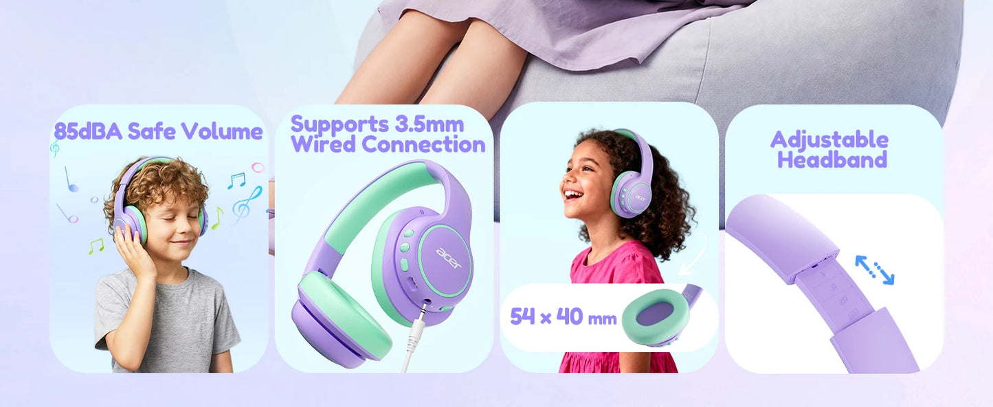 Acer Kids Bluetooth 6.0 Headphones Over Ear Headsets with Mic 75H Playtime 85dBA Safe Volume USB C Fast Charging for IPad Tablet