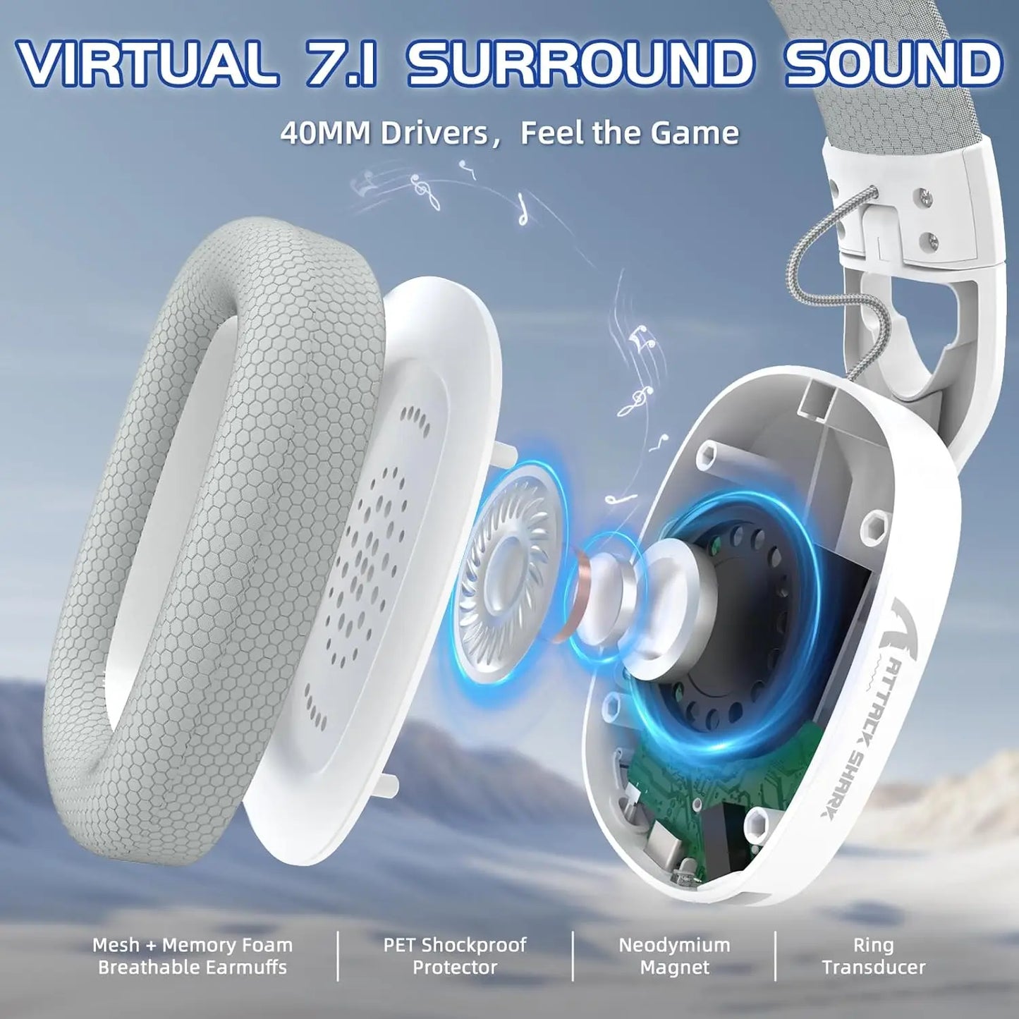 MAMBASNAKE x ATTACK SHARK L90 RGB Wireless Gaming Headset, Triple Modes, Foldable Headphone with Detachable Mic