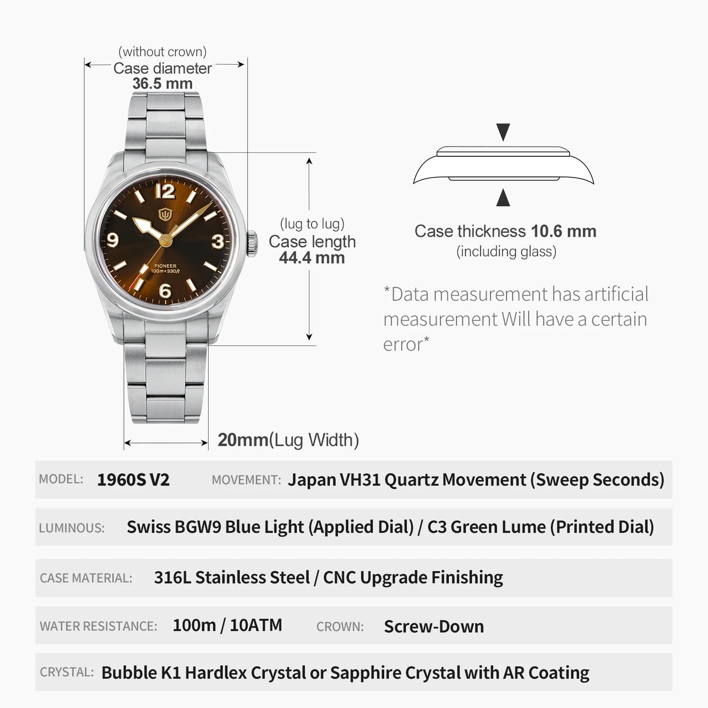 Watchdives WD1960S V2 36.5mm Men’s Quartz Watch VH31 Sweep-Seconds Movement  Sapphire Crystal BGW9/C3 Luminous  Watch for Men