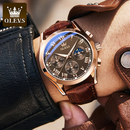 Montre à quartz pour homme OLEVS 2871 – Modèle de grande marque, étanche, style business, avec affichage des phases de lune, aiguilles luminescentes et bracelet en cuir.