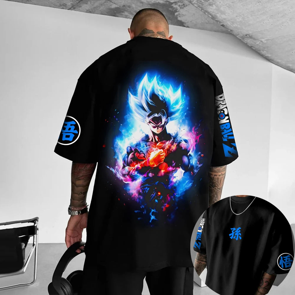 T-shirt oversized da bambino Dragon Ball Z Son Goku All Forms Broly Blue Aura Group Print, streetwear anime da uomo, maglietta anime per fan