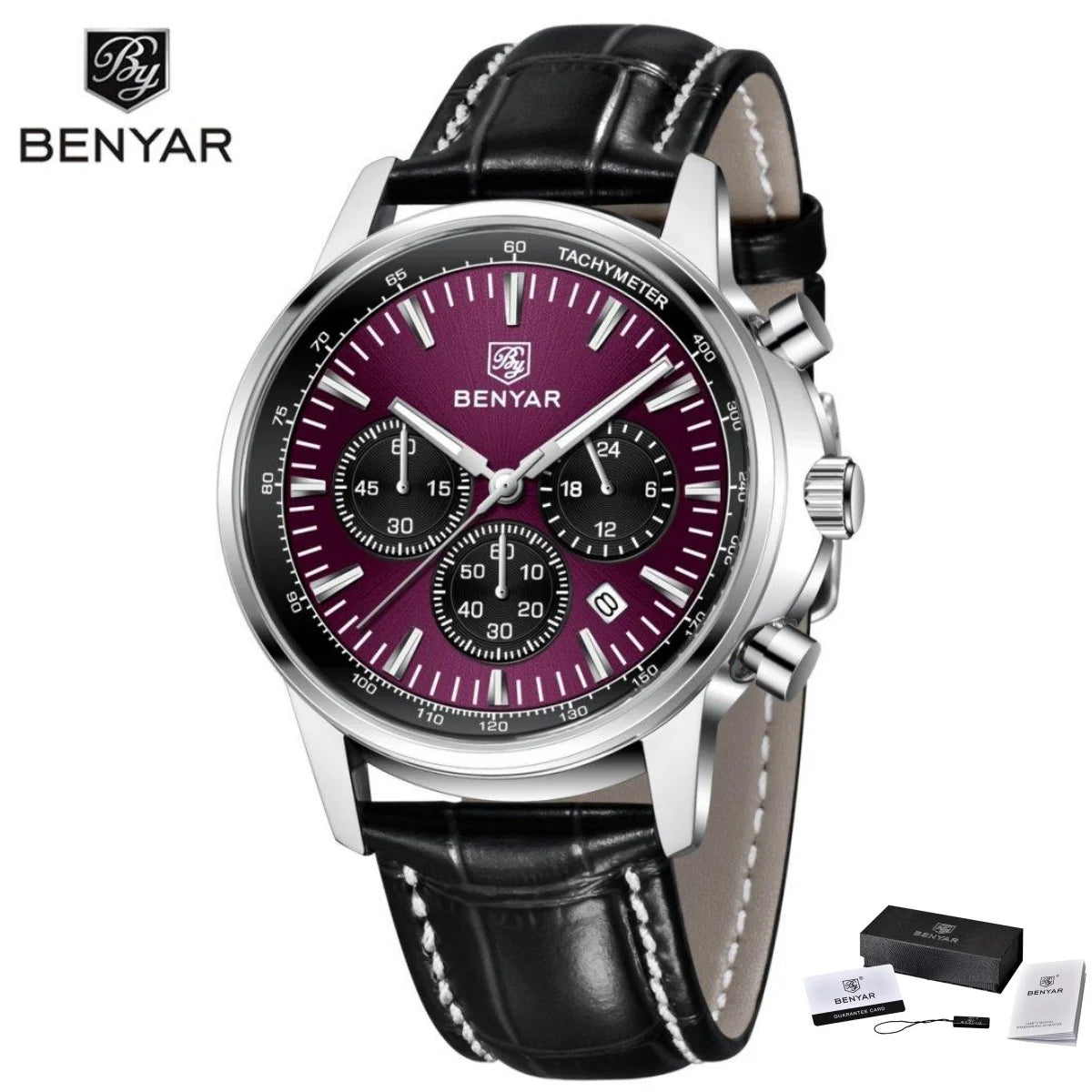 Reloj de lujo para hombre Benyar: cronógrafo con fecha, correa de piel, resistente al agua, luminiscente, estilo deportivo y militar, reloj de cuarzo