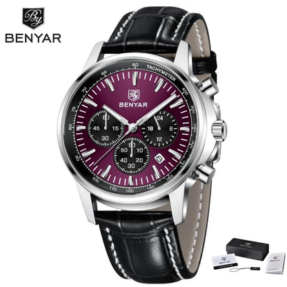 Reloj de lujo para hombre Benyar: cronógrafo con fecha, correa de piel, resistente al agua, luminiscente, estilo deportivo y militar, reloj de cuarzo
