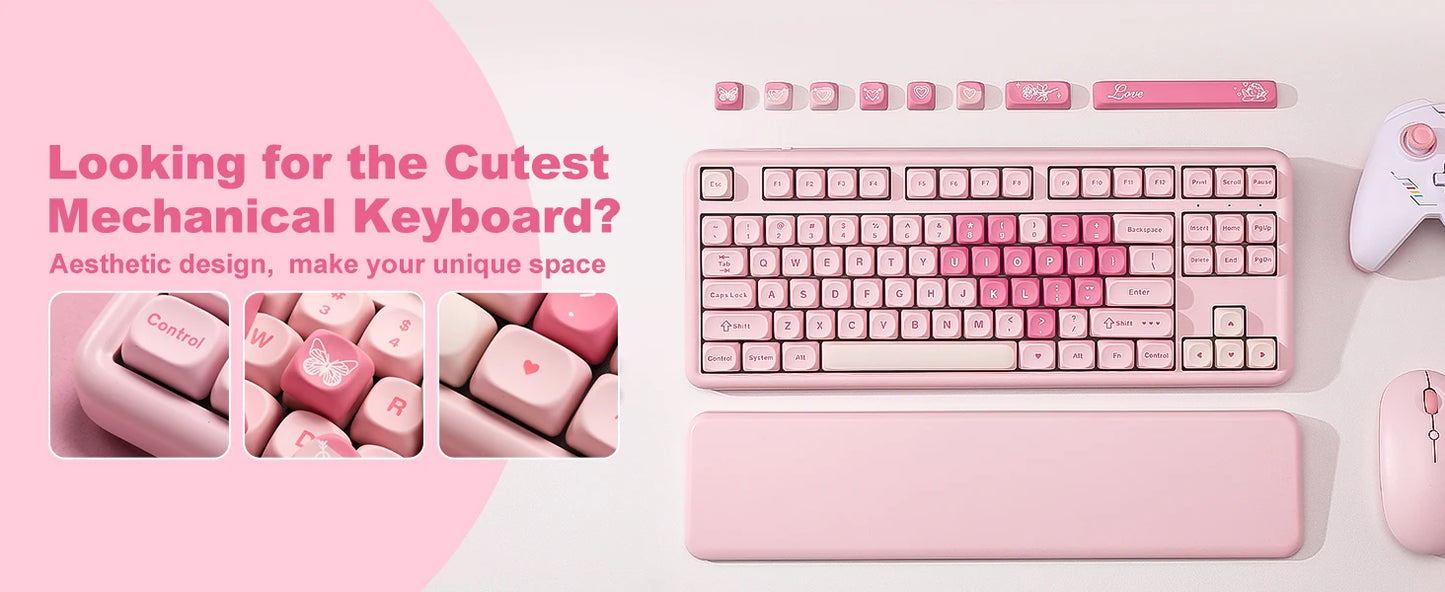 YUNZII B87 Pink Mechanical Gaming Keyboard, QMK/VIA Custom Gasket RGB Keyboard, Wireless Aesthetic Keeb, Wrist Rest for Win/Mac