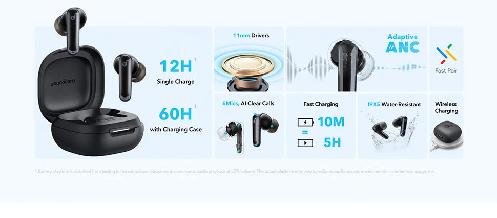 (EU stock) Soundcore P40i by Anker, Wireless Earbuds with ANC, BassUp Technology, 60h Playtime, 2-in-1 Charging Case, IPX5, Bluetooth
