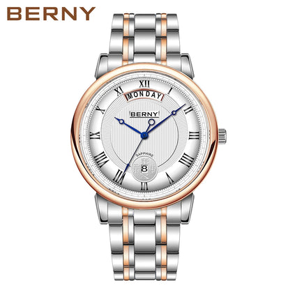Montre à quartz pour homme BERNY, équipée d'un mouvement Miyota VJ55, modèle de luxe de haute qualité avec affichage du jour, boîtier en acier inoxydable, verre saphir et étanchéité.