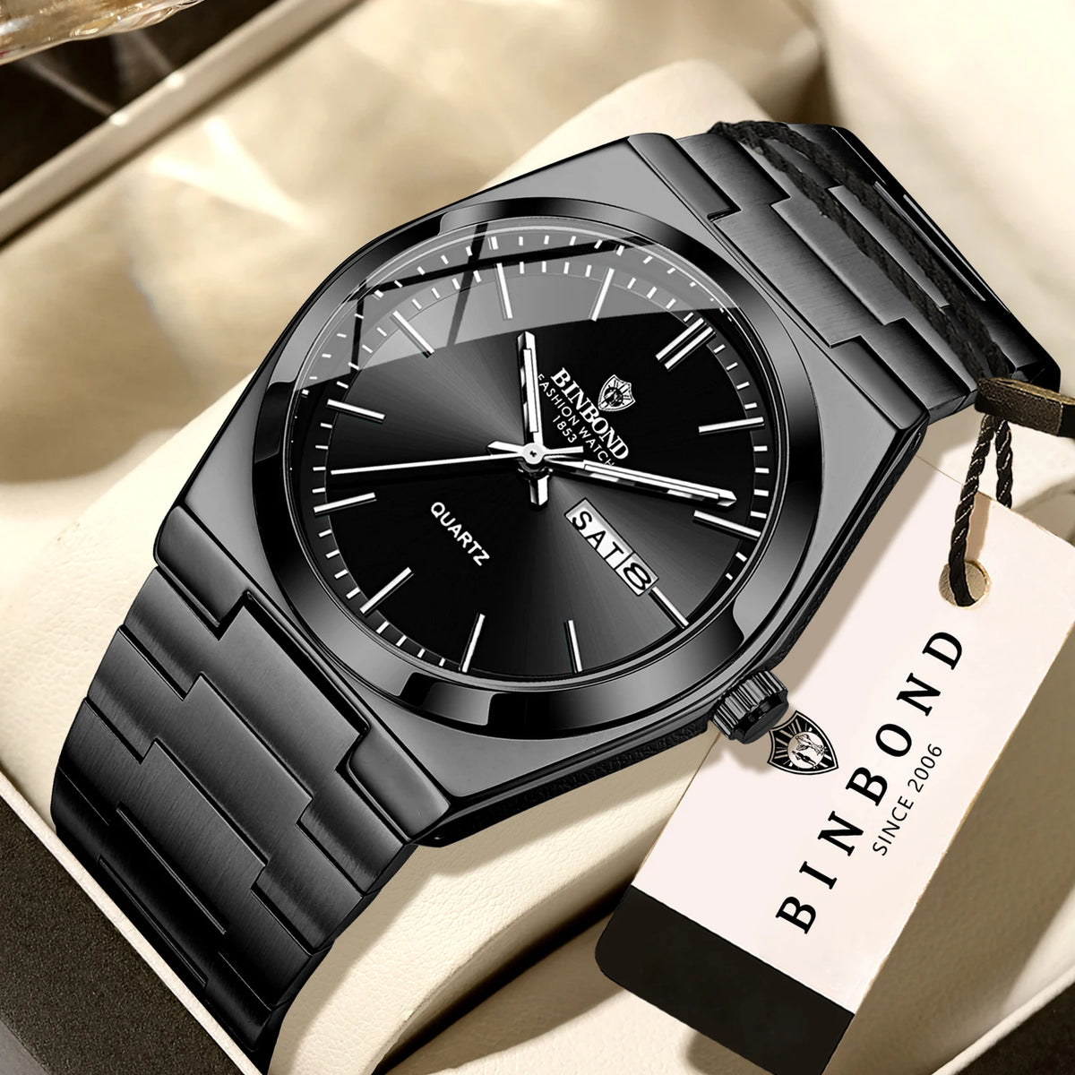 Reloj de pulsera de cuarzo de lujo BINBOND, luminiscente, resistente al agua, con indicación del día de la semana y fecha automática, correa de acero, estilo ejecutivo, deportivo, moderno y desenfadado.
