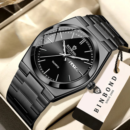 Reloj de pulsera de cuarzo de lujo BINBOND, luminiscente, resistente al agua, con indicación del día de la semana y fecha automática, correa de acero, estilo ejecutivo, deportivo, moderno y desenfadado.