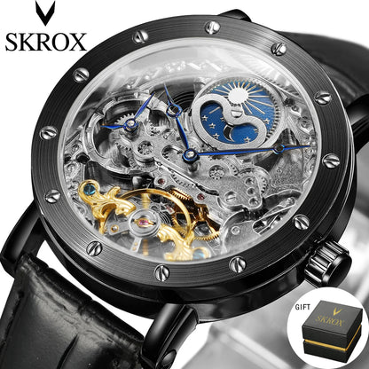Montre-bracelet mécanique automatique SKROX pour homme, modèle squelette avec fonction GMT, phase de lune et tourbillon – Montre de luxe haut de gamme, élégante et originale.