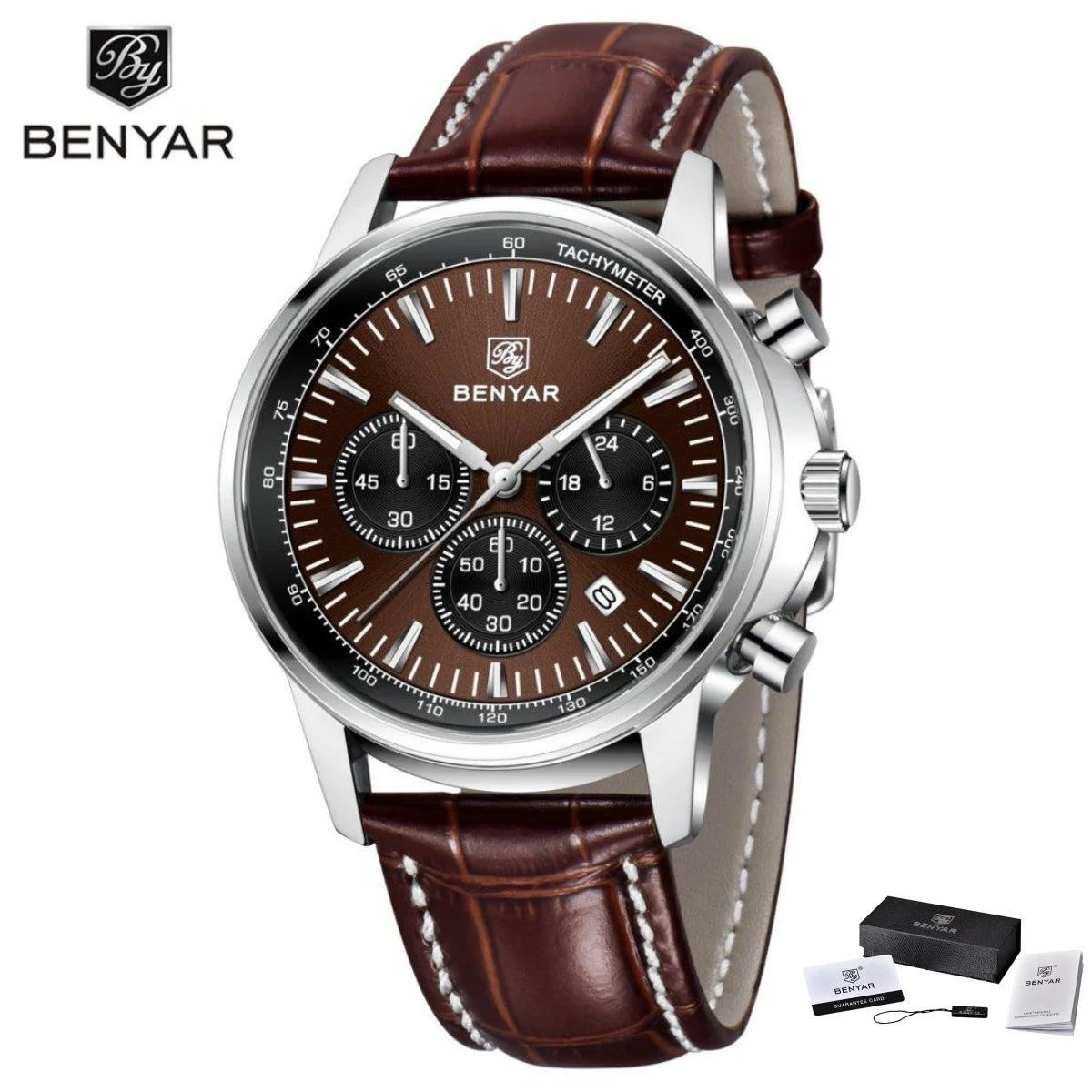 Reloj de lujo para hombre Benyar: cronógrafo con fecha, correa de piel, resistente al agua, luminiscente, estilo deportivo y militar, reloj de cuarzo